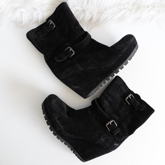Prada Black Suede Double Buckle Mid Calf Platform Wedge Boots - Picture 1 of 10